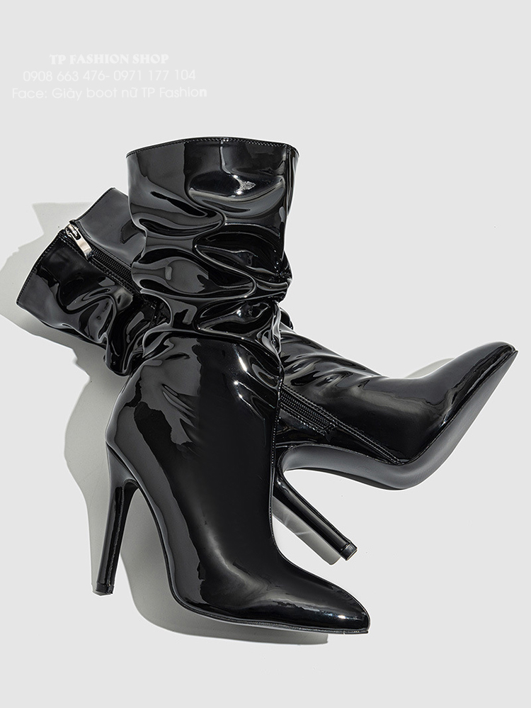 Giày boot cổ lửng da bóng NHĂN, XẾP LY hottrend mũi nhọn gót nhọn 11cm GBN65A