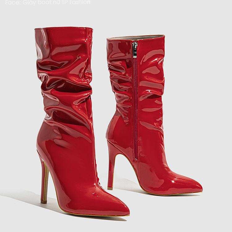 Giày boot cổ lửng da bóng NHĂN, XẾP LY màu đỏ hottrend mũi nhọn gót nhọn 11cm GBN65C