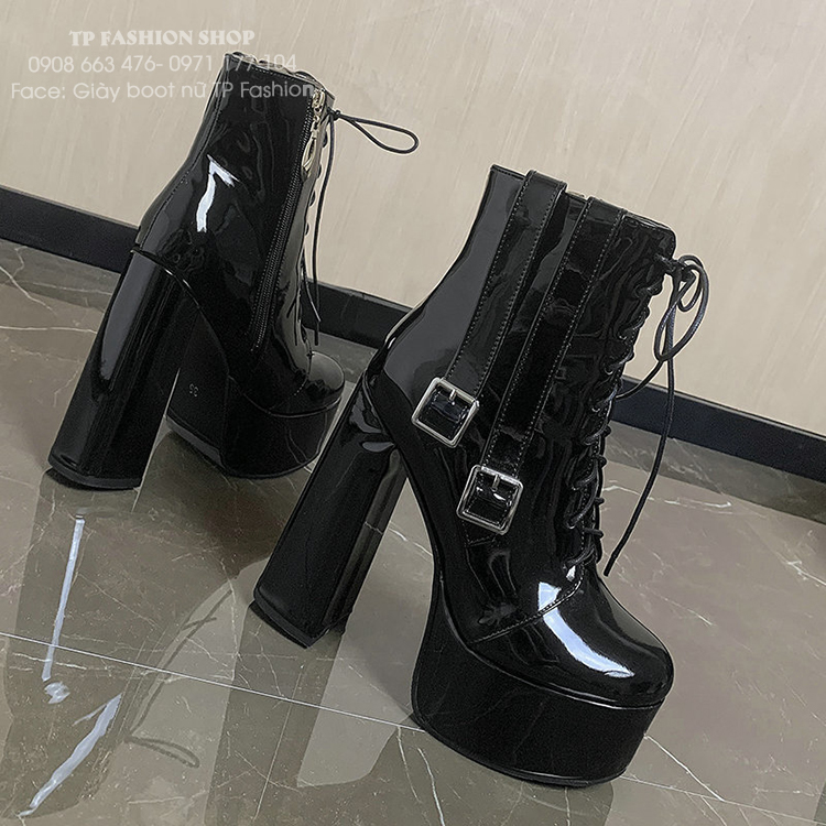 Giày boot buộc dây CÁ TÍNH cao gót 14.5cm DA BÓNG mũi tròn GBN66A