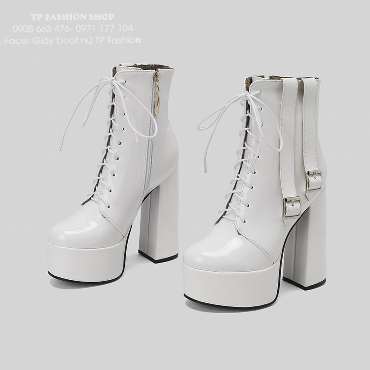 Giày boot buộc dây CÁ TÍNH  màu TRẮNG cao gót 14.5cm DA BÓNG mũi tròn GBN66B