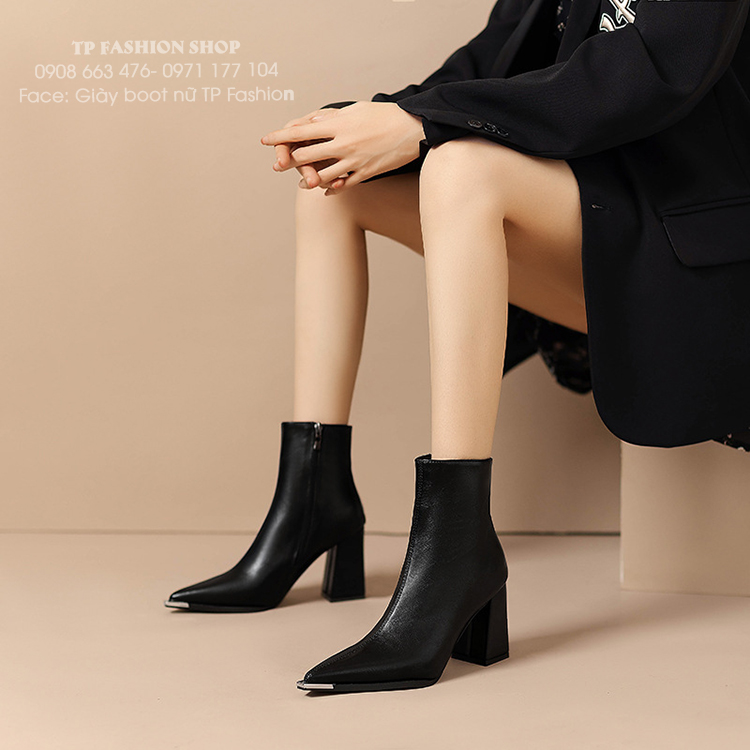 Giày boot nữ cổ ngắn ĐƠN GIẢN mũi nhọn bọc kim loại GÓT VUÔNG sang chảnh GBN67A