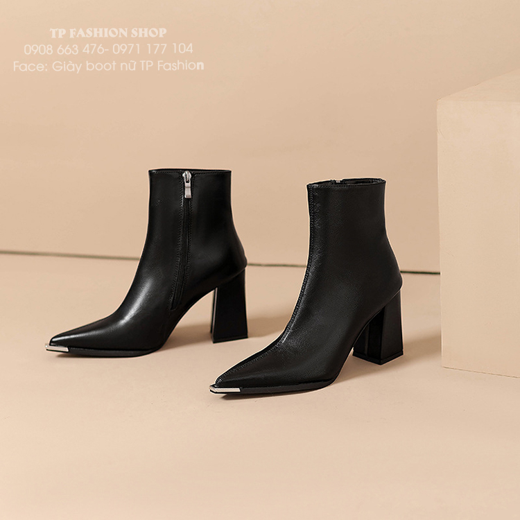 Giày boot nữ cổ ngắn ĐƠN GIẢN mũi nhọn bọc kim loại GÓT VUÔNG sang chảnh GBN67A