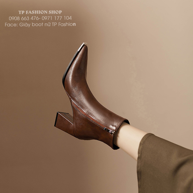 Giày boot nữ cổ ngắn màu nâu ĐƠN GIẢN mũi nhọn GÓT VUÔNG sang chảnh GBN67C