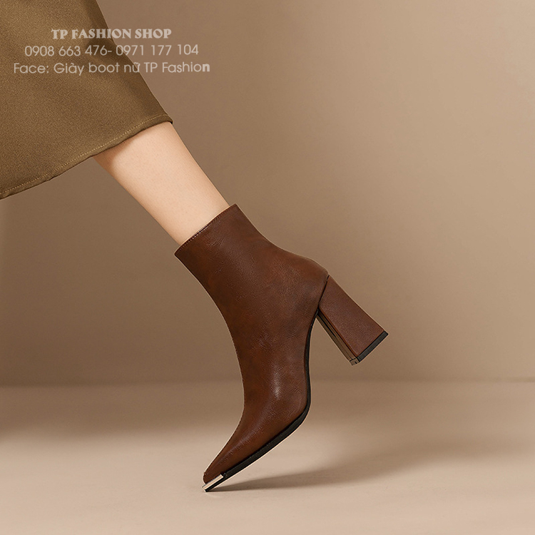 Giày boot nữ cổ ngắn màu nâu ĐƠN GIẢN mũi nhọn GÓT VUÔNG sang chảnh GBN67C