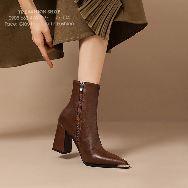 Giày boot nữ cổ ngắn màu nâu ĐƠN GIẢN mũi nhọn GÓT VUÔNG sang chảnh GBN67C