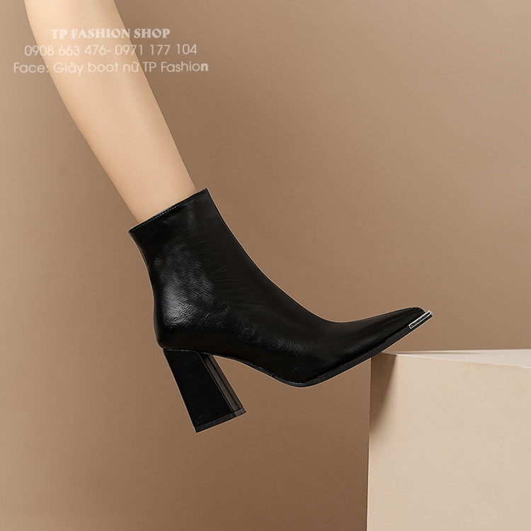 Giày boot nữ cổ ngắn ĐƠN GIẢN mũi nhọn bọc kim loại GÓT VUÔNG sang chảnh GBN67A