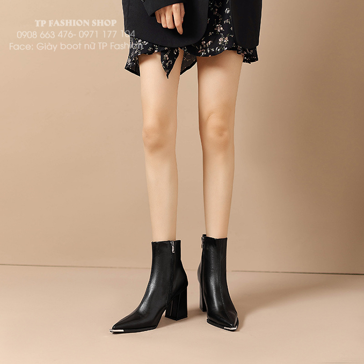 Giày boot nữ cổ ngắn ĐƠN GIẢN mũi nhọn bọc kim loại GÓT VUÔNG sang chảnh GBN67A
