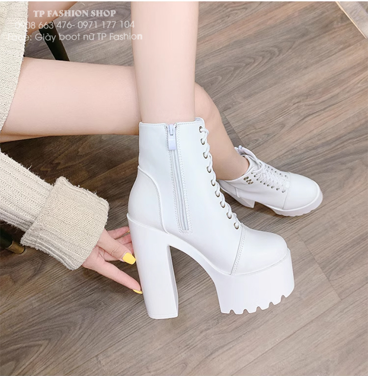 Giày combat boot cột dây màu trắng ĐẾ VUÔNG 14.5CM mang tiệc, biểu diễn, dance GBN70B
