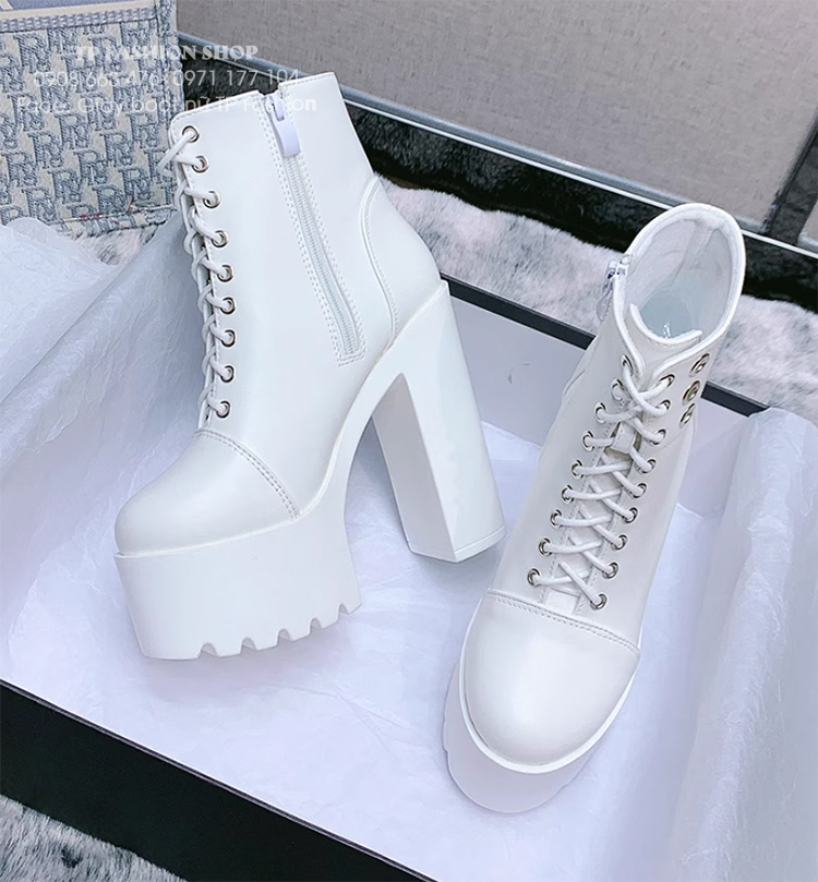 Giày combat boot cột dây màu trắng ĐẾ VUÔNG 14.5CM mang tiệc, biểu diễn, dance GBN70B