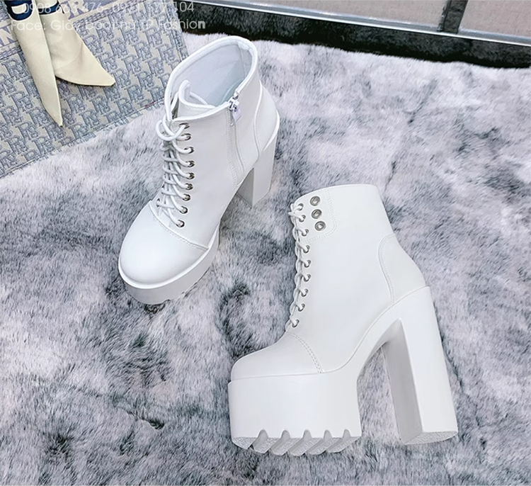 Giày combat boot cột dây màu trắng ĐẾ VUÔNG 14.5CM mang tiệc, biểu diễn, dance GBN70B