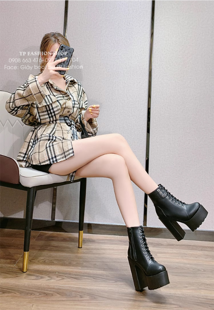 Giày combat boot cột dây ĐẾ VUÔNG 14.5CM mang tiệc, biểu diễn, dance GBN70A