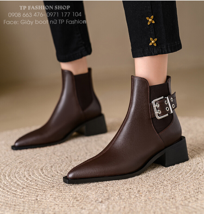 Giày boot nữ CỔ CHUN đế thấp 4cm màu nâu, mũi nhọn có khuy cài SANG CHẢNH GBN73C