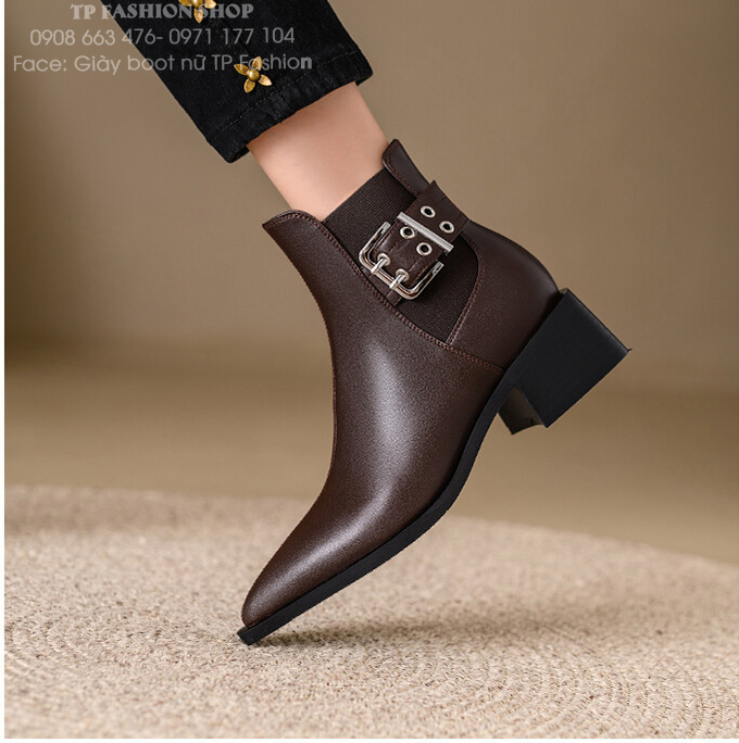 Giày boot nữ CỔ CHUN đế thấp 4cm màu nâu, mũi nhọn có khuy cài SANG CHẢNH GBN73C