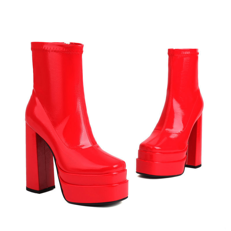 Giày boot nữ cổ ngắn DA BÓNG màu ĐỎ cao gót 14cm đế kép CHẮC CHÂN GBN74C