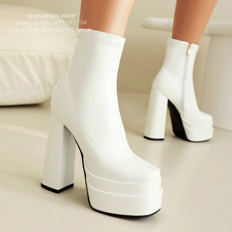 Giày boot nữ cổ ngắn DA BÓNG màu TRẮNG cao gót 14cm đế kép CHẮC CHÂN GBN74B