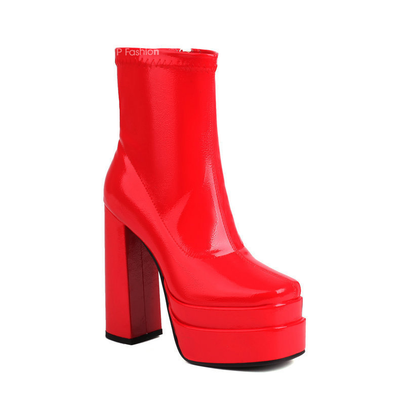 Giày boot nữ cổ ngắn DA BÓNG màu ĐỎ cao gót 14cm đế kép CHẮC CHÂN GBN74C