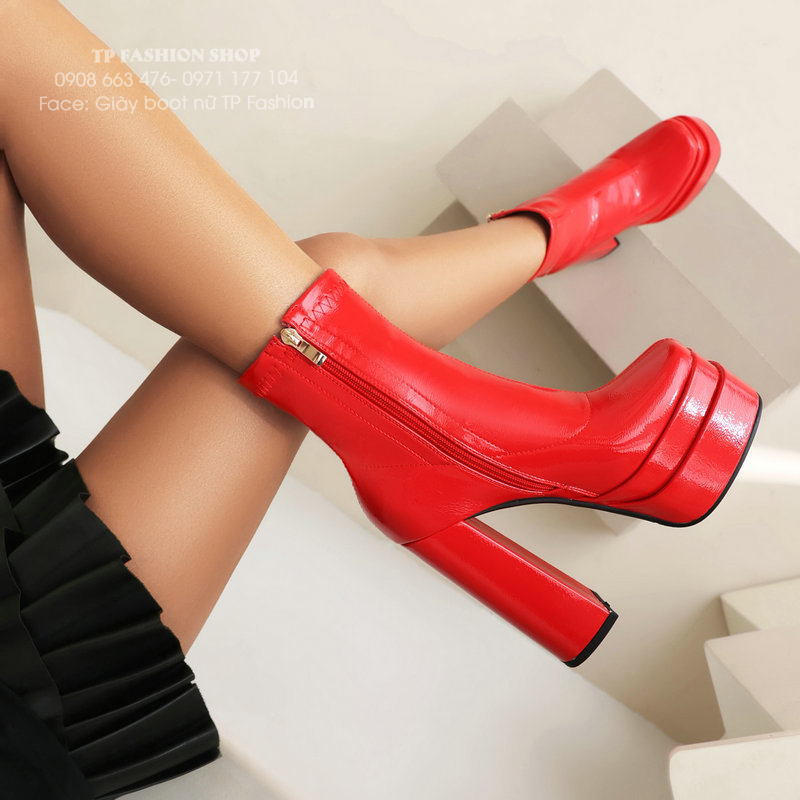 Giày boot nữ cổ ngắn DA BÓNG màu ĐỎ cao gót 14cm đế kép CHẮC CHÂN GBN74C