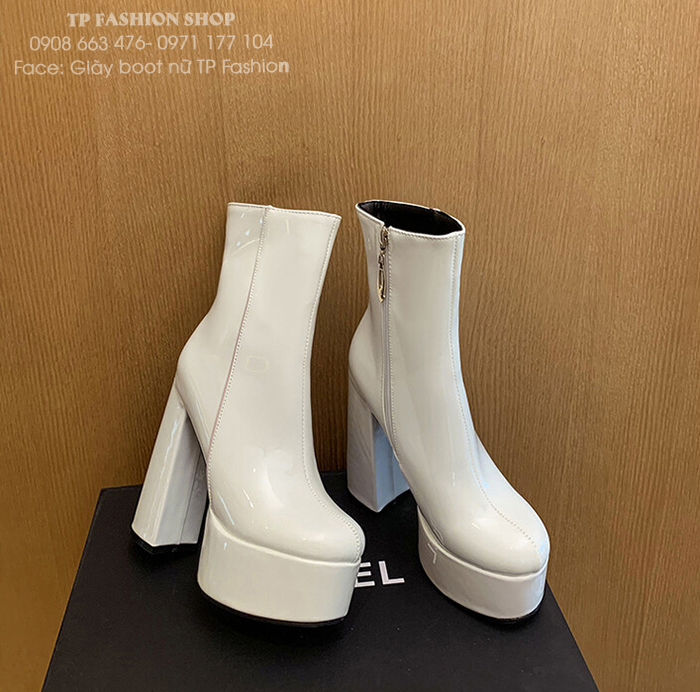 Giày boot nữ  DA BÓNG màu TRẮNG cao gót 14CM chắc chân, VIỀN HỒNG xinh xắn GBN75B