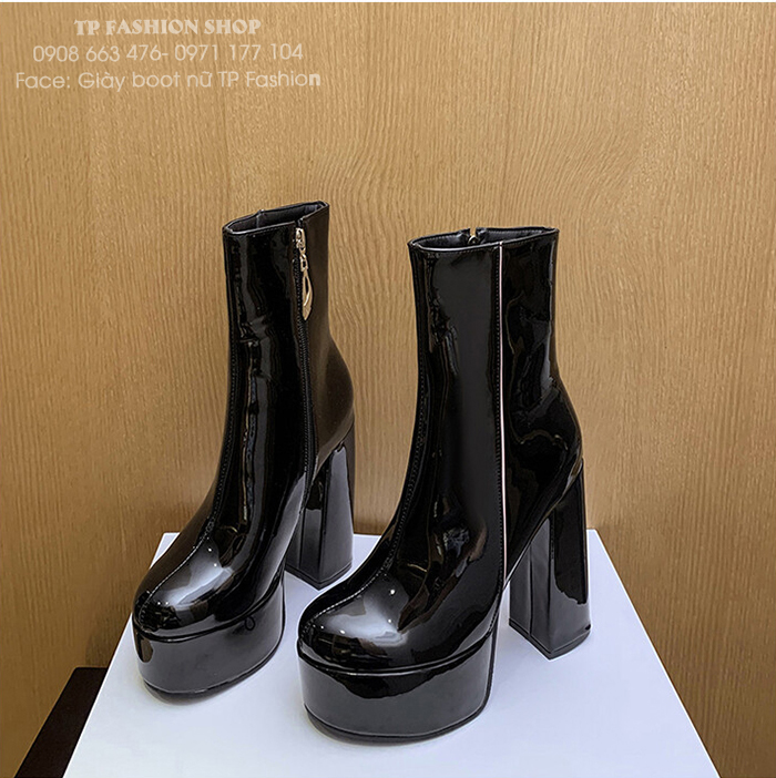 Giày boot nữ DA BÓNG  cao gót 14CM chắc chân, VIỀN HỒNG xinh xắn GBN75A