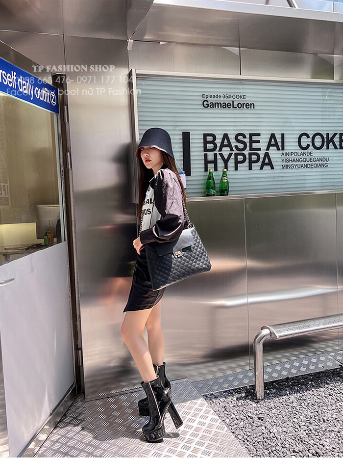 Giày boot nữ DA BÓNG  cao gót 14CM chắc chân, VIỀN HỒNG xinh xắn GBN75A