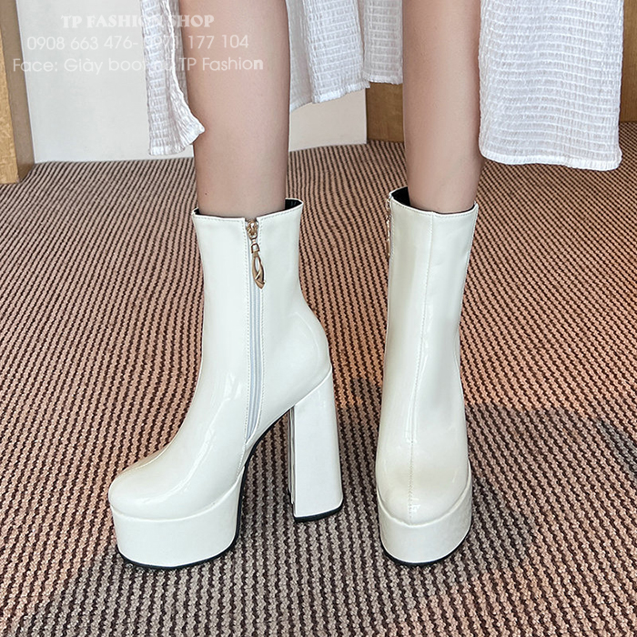 Giày boot nữ  DA BÓNG màu TRẮNG cao gót 14CM chắc chân, VIỀN HỒNG xinh xắn GBN75B