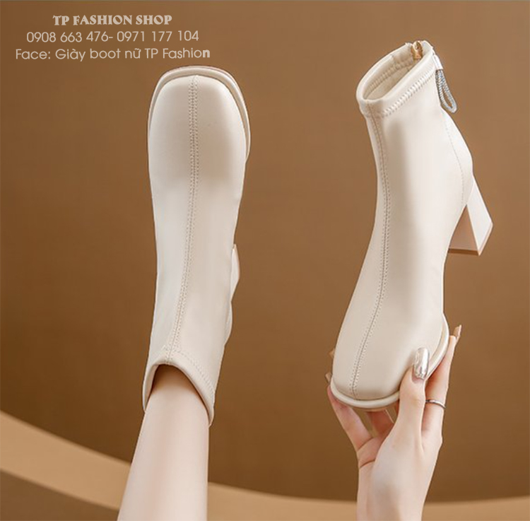 Giày boot nữ màu kem ĐẾ THẤP 5CM style ĐƠN GIẢN, HIỆN ĐẠI dây kéo đính hạt xinh xắn GBN77B