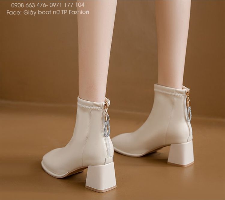 Giày boot nữ màu kem ĐẾ THẤP 5CM style ĐƠN GIẢN, HIỆN ĐẠI dây kéo đính hạt xinh xắn GBN77B
