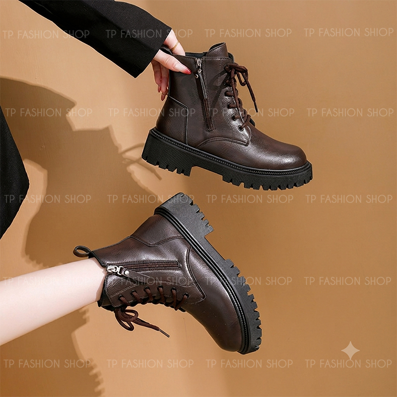 Giày boot nữ cổ ngắn CỘT DÂY màu NÂU đế thấp 5cm trẻ trung, hiện đại GBN80C