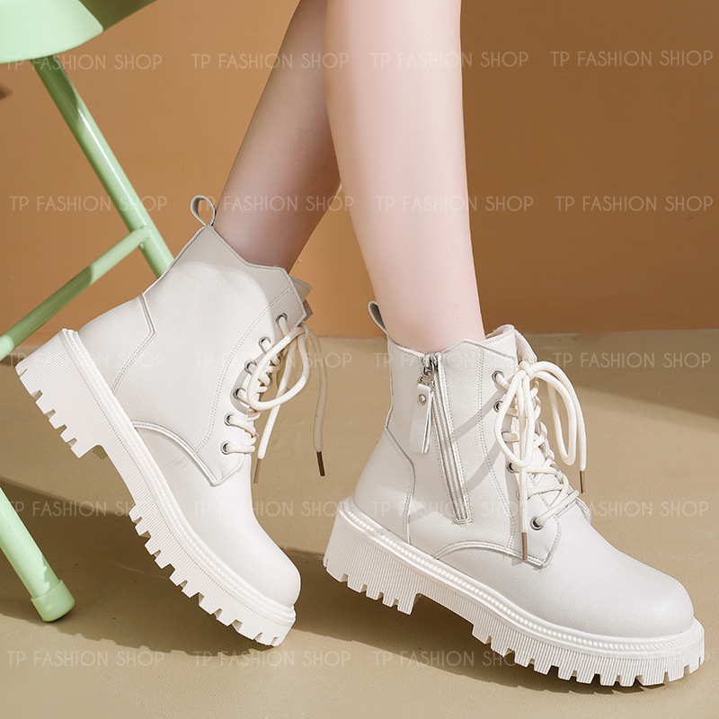 Giày boot nữ cổ ngắn CỘT DÂY màu KEM đế thấp 5cm trẻ trung, hiện đại GBN80B