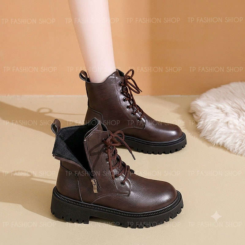 Giày boot nữ cổ ngắn CỘT DÂY màu NÂU đế thấp 5cm trẻ trung, hiện đại GBN80C
