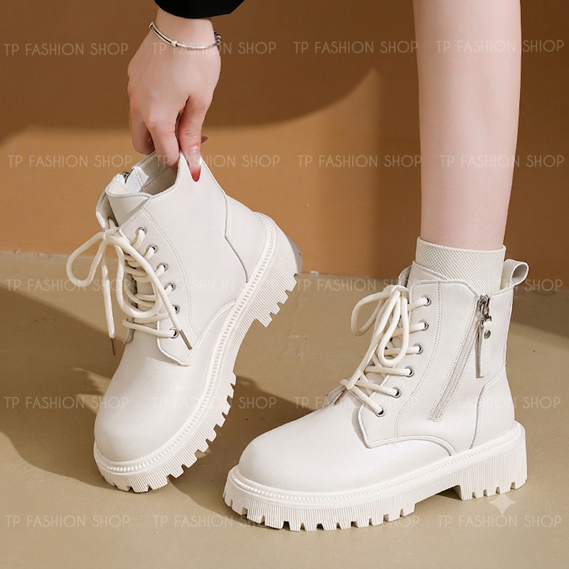Giày boot nữ cổ ngắn CỘT DÂY màu KEM đế thấp 5cm trẻ trung, hiện đại GBN80B