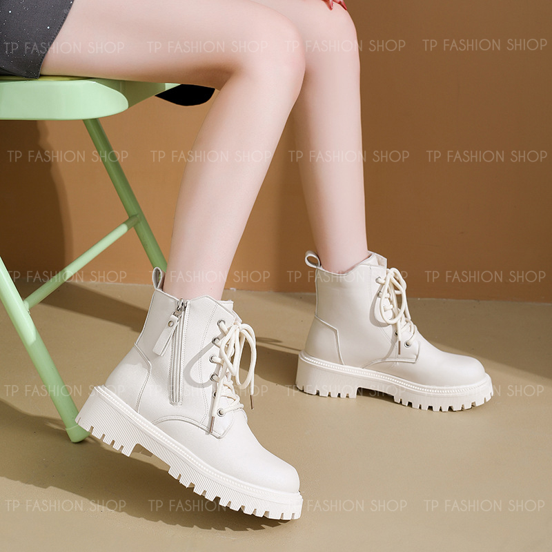 Giày boot nữ cổ ngắn CỘT DÂY màu KEM đế thấp 5cm trẻ trung, hiện đại GBN80B
