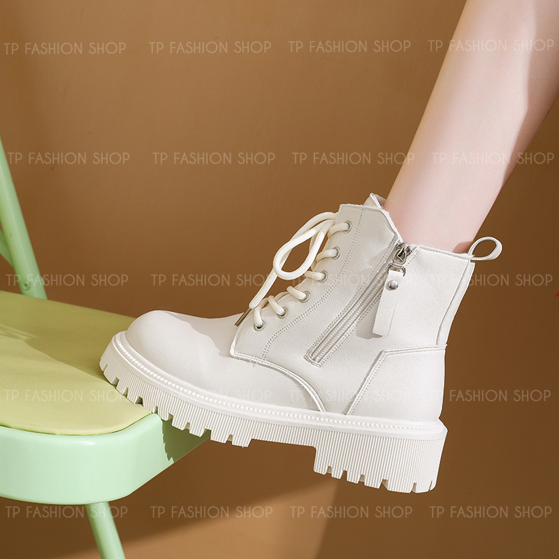 Giày boot nữ cổ ngắn CỘT DÂY màu KEM đế thấp 5cm trẻ trung, hiện đại GBN80B