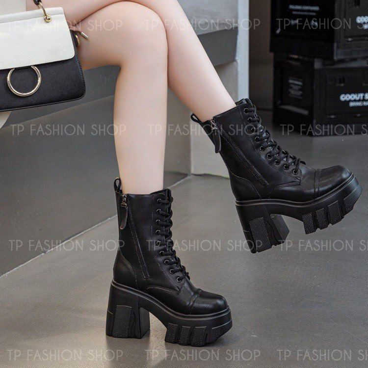 Giày boot nữ CỔ LỬNG cột dây ĐẾ DÀY 11CM ÔM CHÂN, dây kéo XÉO xinh xắn GBN81A