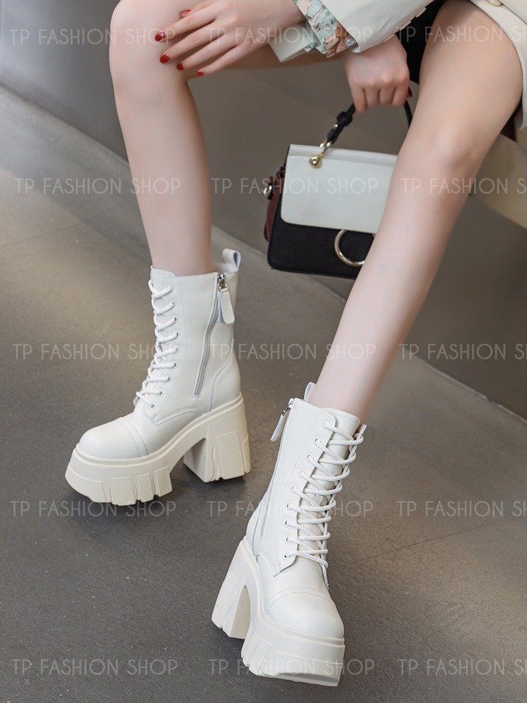 Giày boot nữ CỔ LỬNG màu KEM cột dây ĐẾ DÀY 11CM ÔM CHÂN, dây kéo XÉO xinh xắn GBN81B