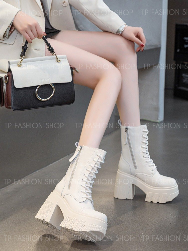 Giày boot nữ CỔ LỬNG màu KEM cột dây ĐẾ DÀY 11CM ÔM CHÂN, dây kéo XÉO xinh xắn GBN81B