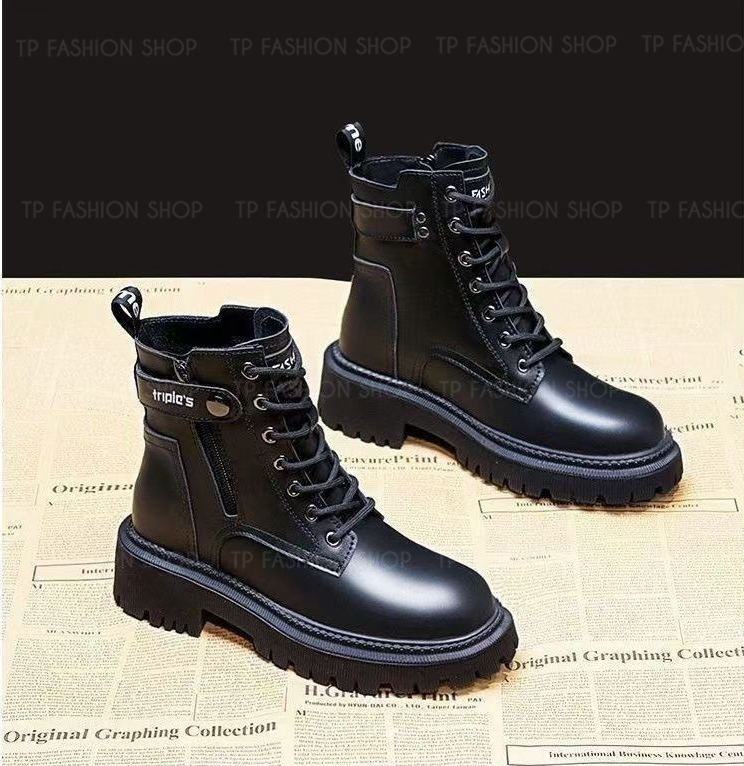 Giày boot nữ cột dây ĐẾ THẤP 5CM chống trượt có đai ngang TRẺ TRUNG GBN82A 