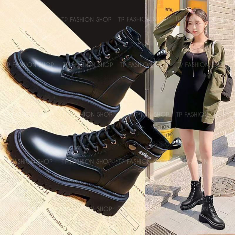 Giày boot nữ cột dây ĐẾ THẤP 5CM chống trượt có đai ngang TRẺ TRUNG GBN82A 