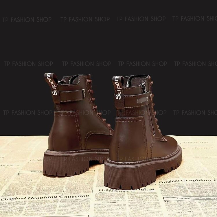Giày boot nữ cột dây MÀU NÂU ,ĐẾ THẤP 5CM chống trượt có đai ngang TRẺ TRUNG GBN82C