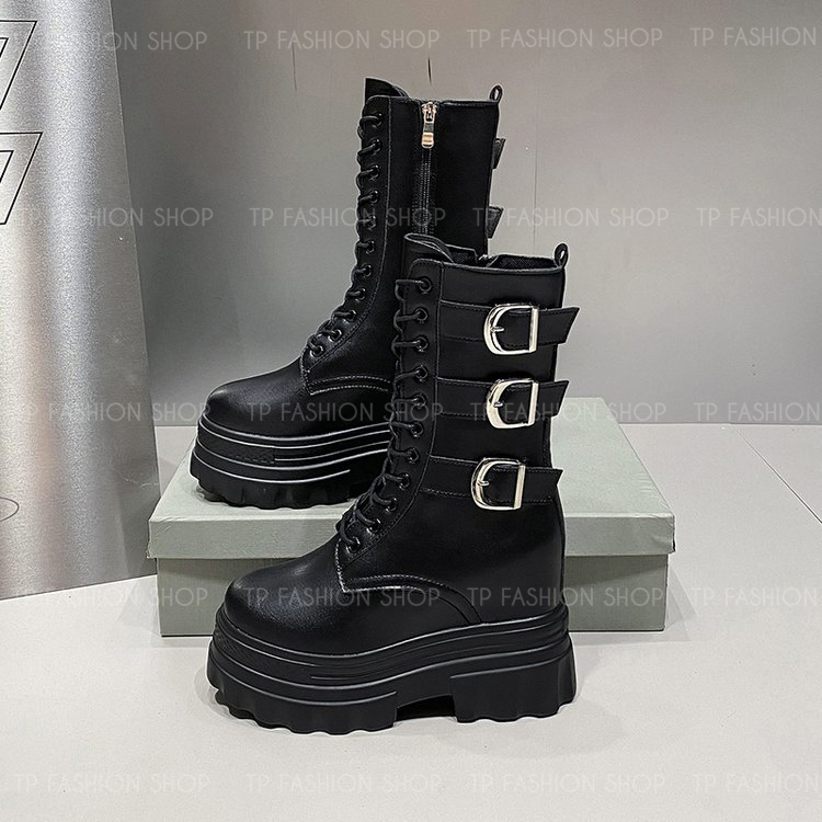 Giày boot nữ CỔ LỬNG cột dây màu đen 12CM ĐẾ DÀY, có ĐỘN TRONG  style trẻ trung, hiện đại GBN83A
