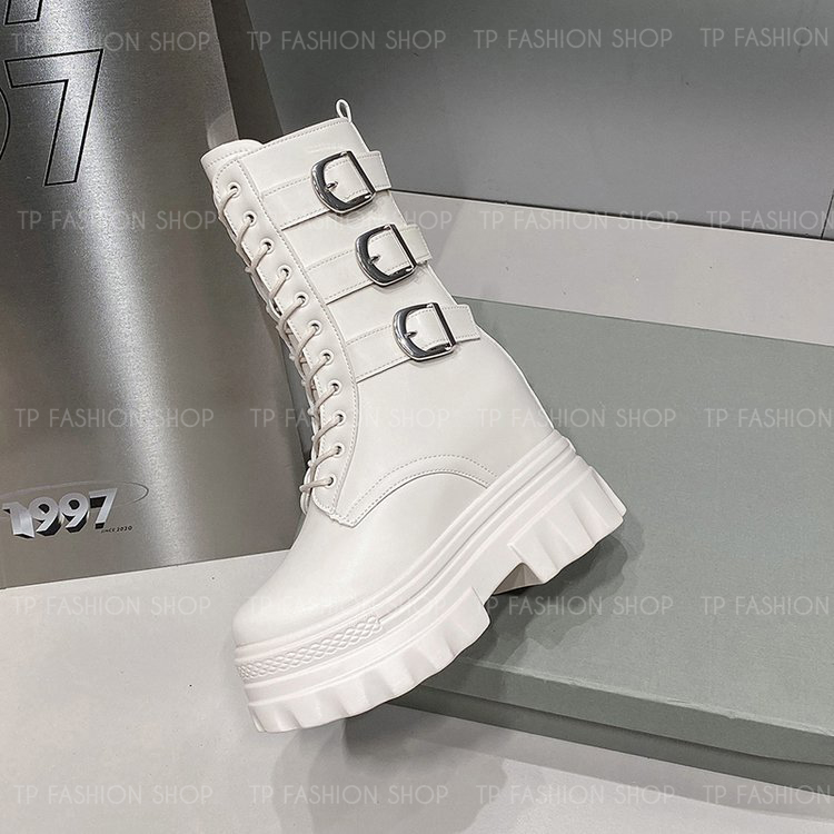 Giày boot nữ CỔ LỬNG cột dây màu KEM 12CM ĐẾ DÀY, có ĐỘN TRONG style trẻ trung, hiện đại GBN83B
