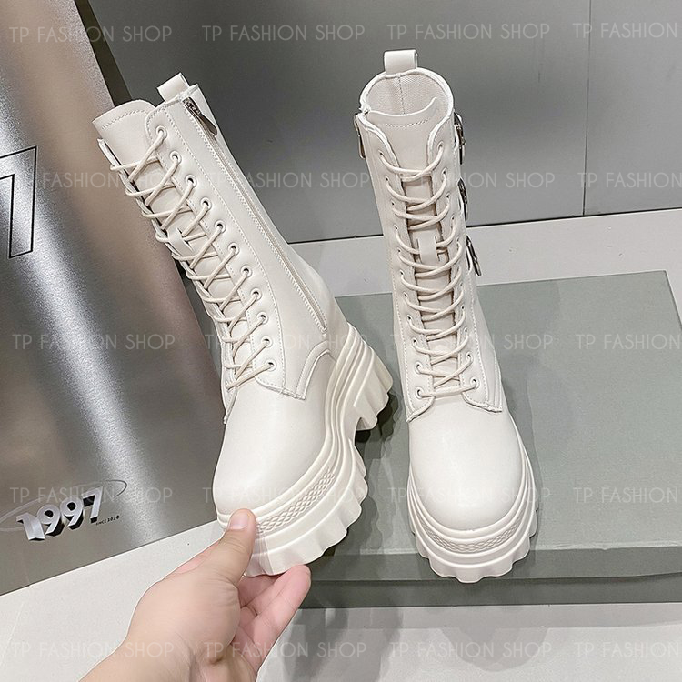 Giày boot nữ CỔ LỬNG cột dây màu KEM 12CM ĐẾ DÀY, có ĐỘN TRONG style trẻ trung, hiện đại GBN83B