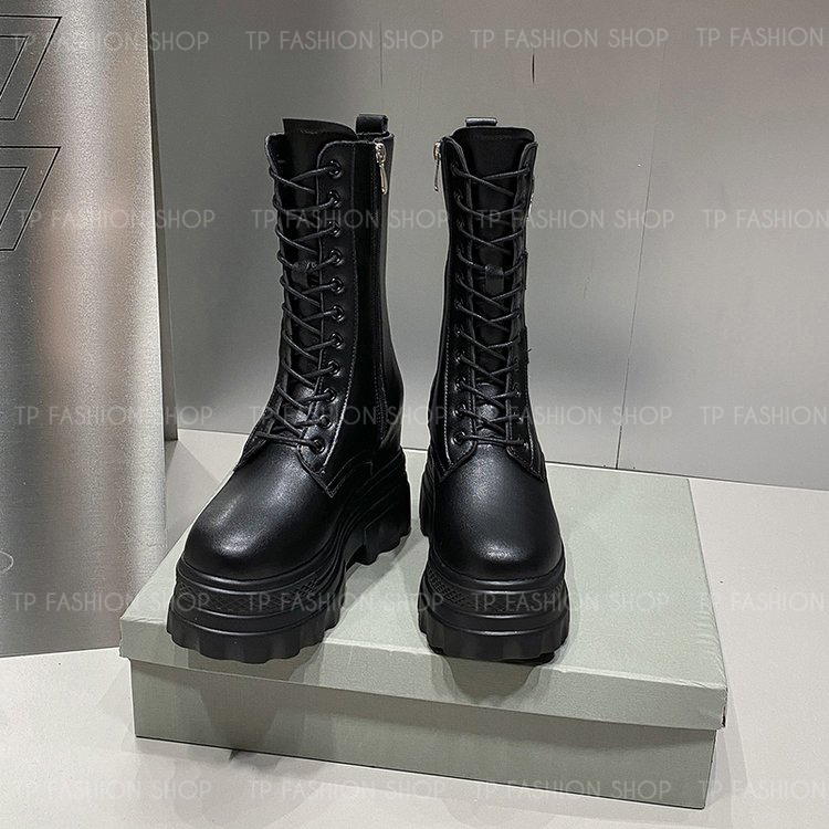 Giày boot nữ CỔ LỬNG cột dây màu đen 12CM ĐẾ DÀY, có ĐỘN TRONG  style trẻ trung, hiện đại GBN83A