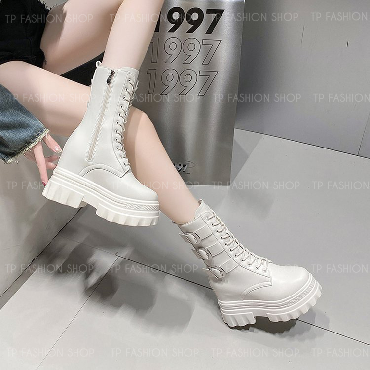 Giày boot nữ CỔ LỬNG cột dây màu KEM 12CM ĐẾ DÀY, có ĐỘN TRONG style trẻ trung, hiện đại GBN83B