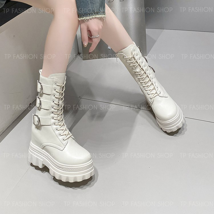 Giày boot nữ CỔ LỬNG cột dây màu KEM 12CM ĐẾ DÀY, có ĐỘN TRONG style trẻ trung, hiện đại GBN83B