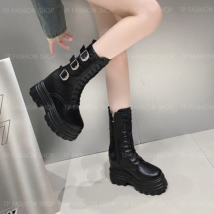 Giày boot nữ CỔ LỬNG cột dây màu đen 12CM ĐẾ DÀY, có ĐỘN TRONG  style trẻ trung, hiện đại GBN83A