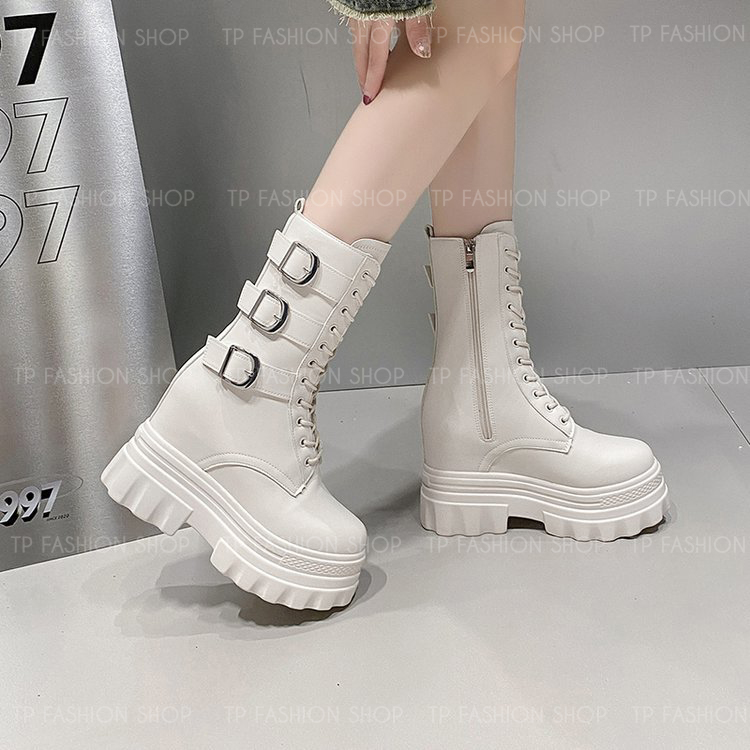Giày boot nữ CỔ LỬNG cột dây màu KEM 12CM ĐẾ DÀY, có ĐỘN TRONG style trẻ trung, hiện đại GBN83B