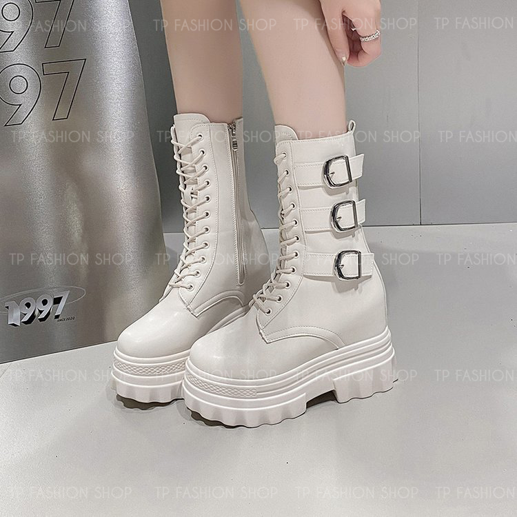 Giày boot nữ CỔ LỬNG cột dây màu KEM 12CM ĐẾ DÀY, có ĐỘN TRONG style trẻ trung, hiện đại GBN83B