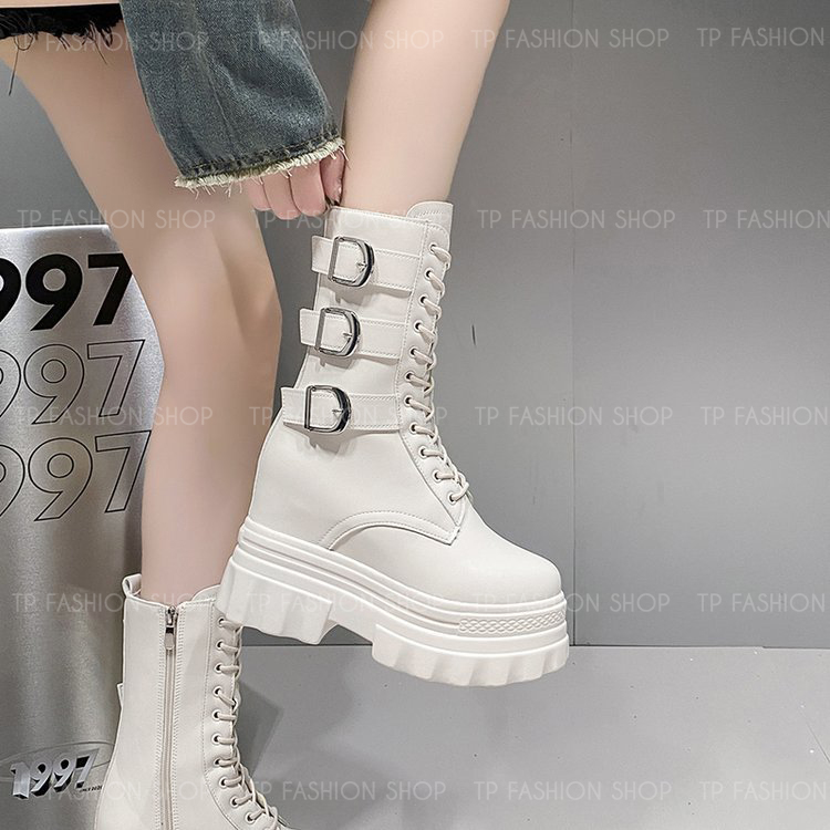 Giày boot nữ CỔ LỬNG cột dây màu KEM 12CM ĐẾ DÀY, có ĐỘN TRONG style trẻ trung, hiện đại GBN83B