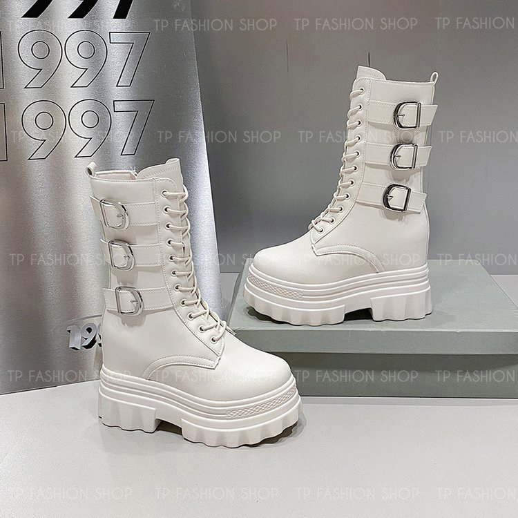 Giày boot nữ CỔ LỬNG cột dây màu KEM 12CM ĐẾ DÀY, có ĐỘN TRONG style trẻ trung, hiện đại GBN83B